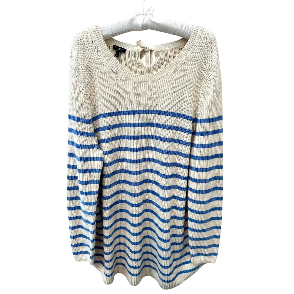 TALBOTS Plus Nautical Striped Knit Sweater Blue Cream Back Tie Detail | 1X